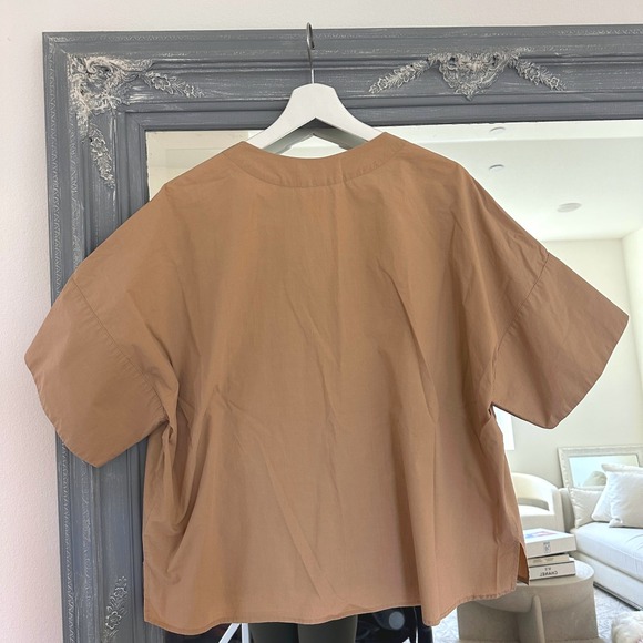 SECULAR Oversized Cotton Tan V Neck Short Sleeve Button Down Shirt Minimalist M - Picture 4 of 7